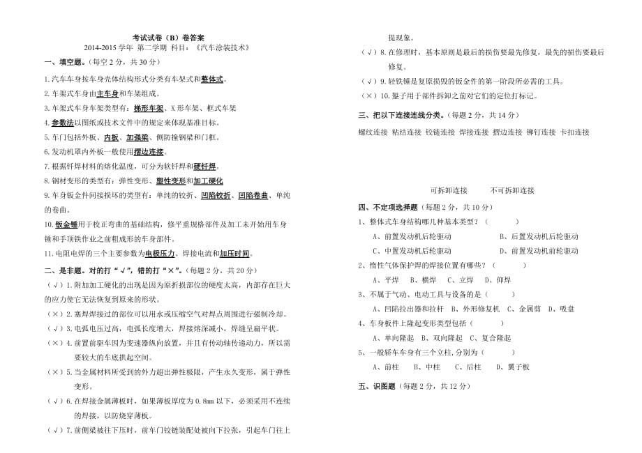 《汽车钣金与喷漆》习题 考试 试卷 答案_第1页