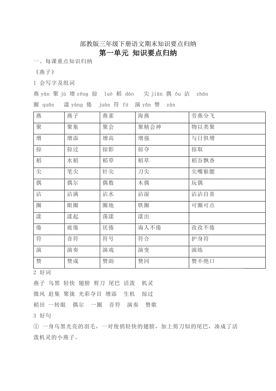 部教版新部编人教版三年级下册语文期末知识要点归纳_第1页