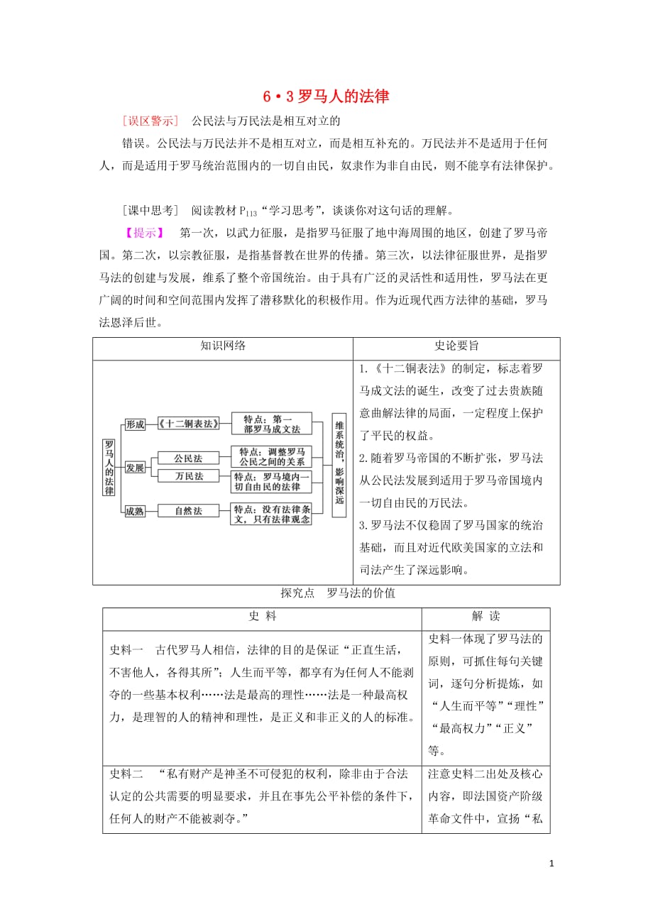 【常耕不辍】高中历史专题6古代希腊、罗马的政治文明第3课罗马人的法律教学素材人民版必修1_第1页