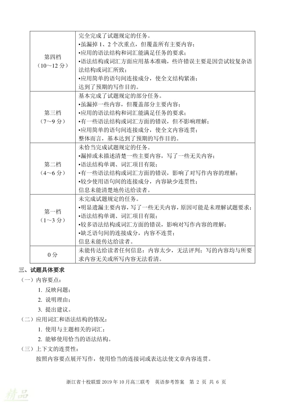 浙江省十校联盟2020届高三10月联考英语参考答案_20200228191_第2页