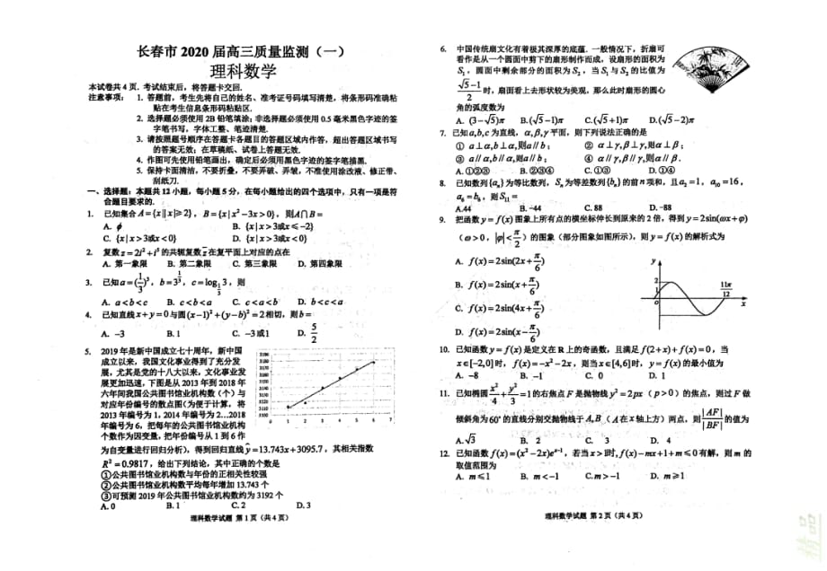 吉林省长春市普通高中2020届高三数学上学期质量监测试题（一）理_20200228127_第1页