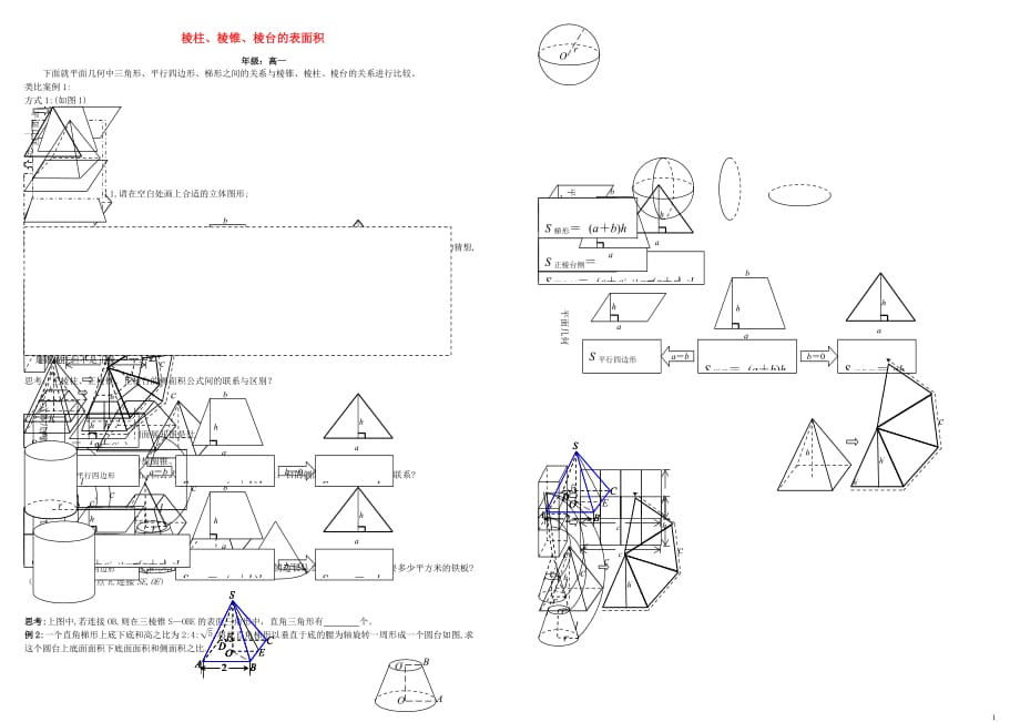 【常耕不辍】高中数学第一章空间几何体1.3空间几何体的表面积与体积柱、锥、台的表面积导学案（无答案）新人教A版必修2_第1页