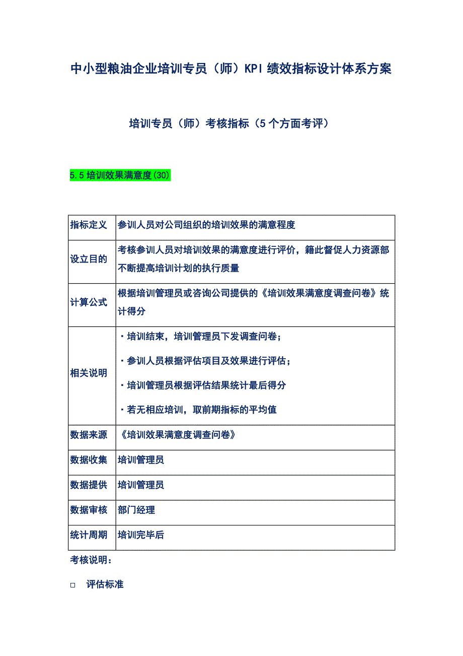 中小型粮油企业培训专员（师）KPI绩效指标设计体系方案_第1页