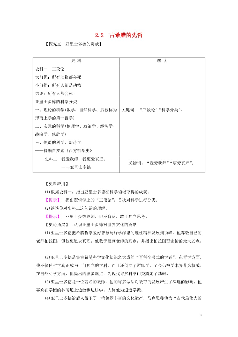 【常耕不辍】高中历史专题二东西方的先哲2.2古希腊的先哲教学素材人民版选修4_第1页