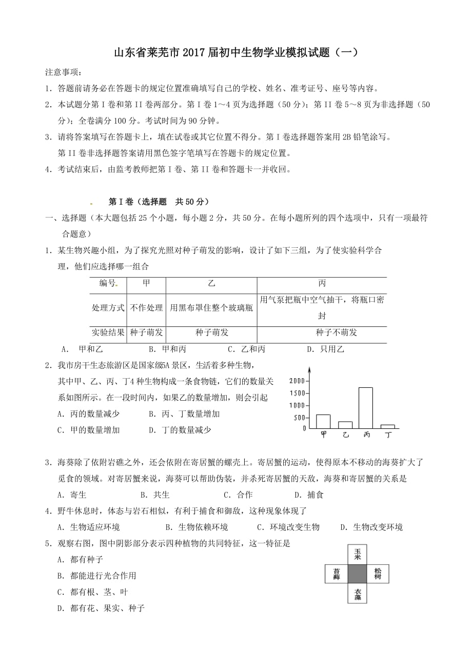 山东省莱芜市2017届初中生物学业模拟试题附答案_第1页