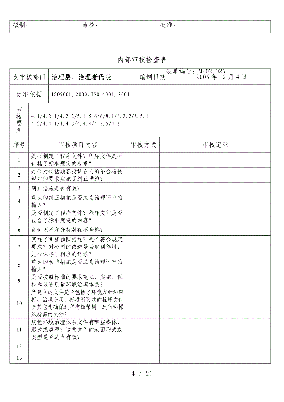 内部审核检查表管理层、管理者代表_第4页