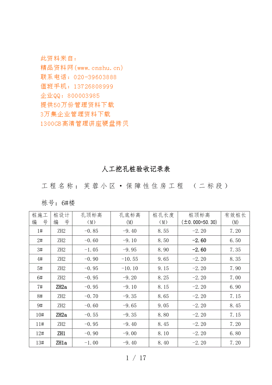 施工工程项目人工挖孔桩验收记录表_第1页