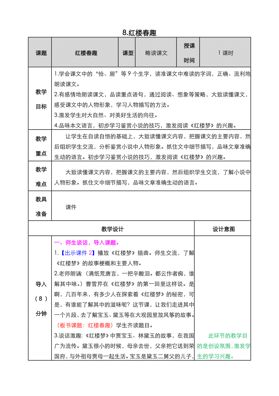 部编语文五年级下册8 红楼春趣教案_第1页