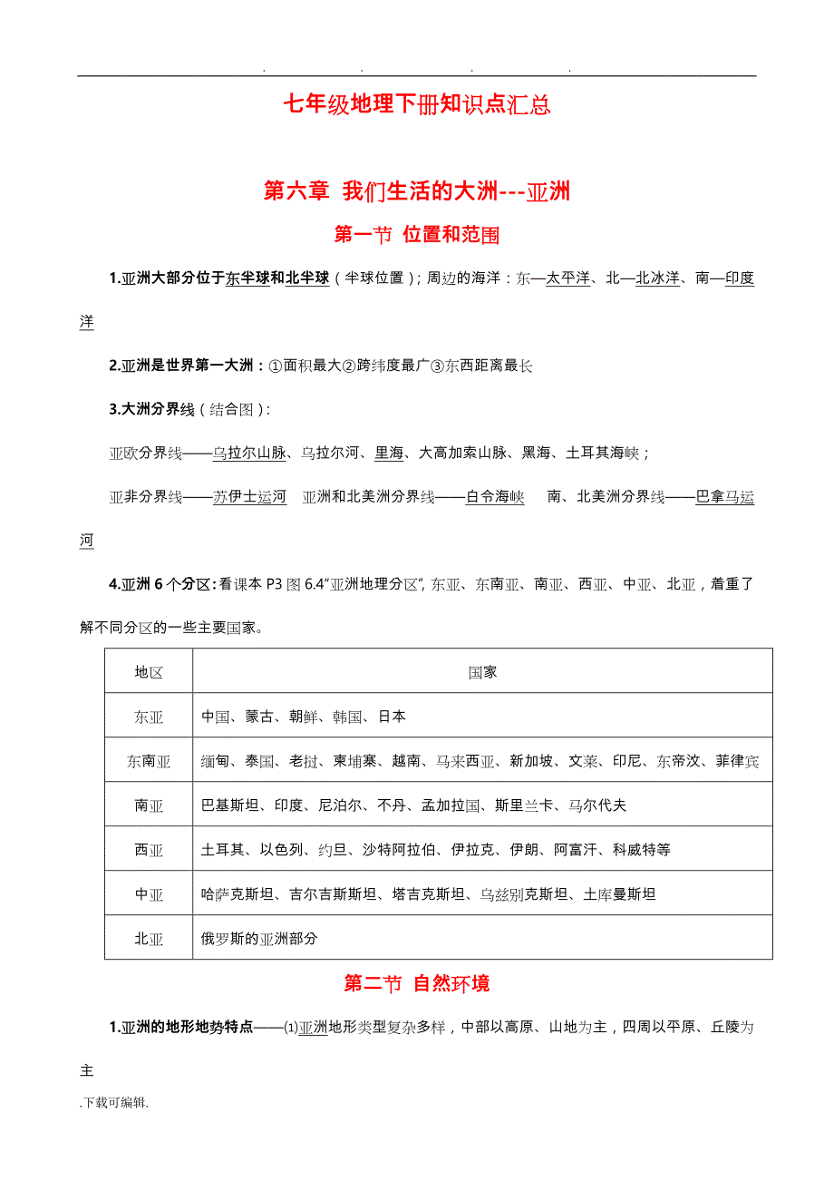 新人教版七年级地理（下册）知识点归纳(最全全新精版版)_第1页