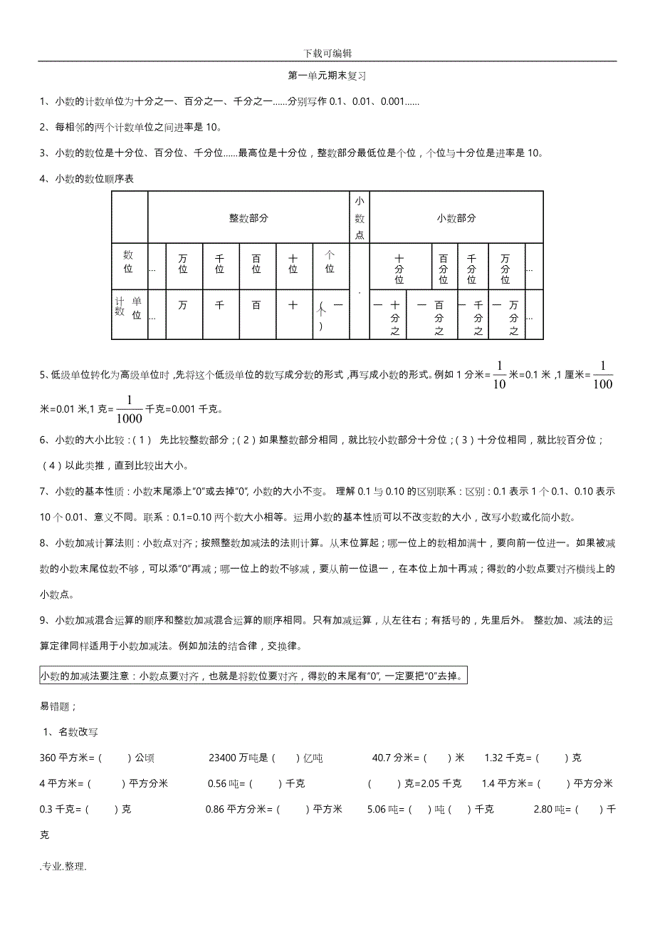 新北师大版四年级数学（下册）（全册）分单元复习(精品)_第1页