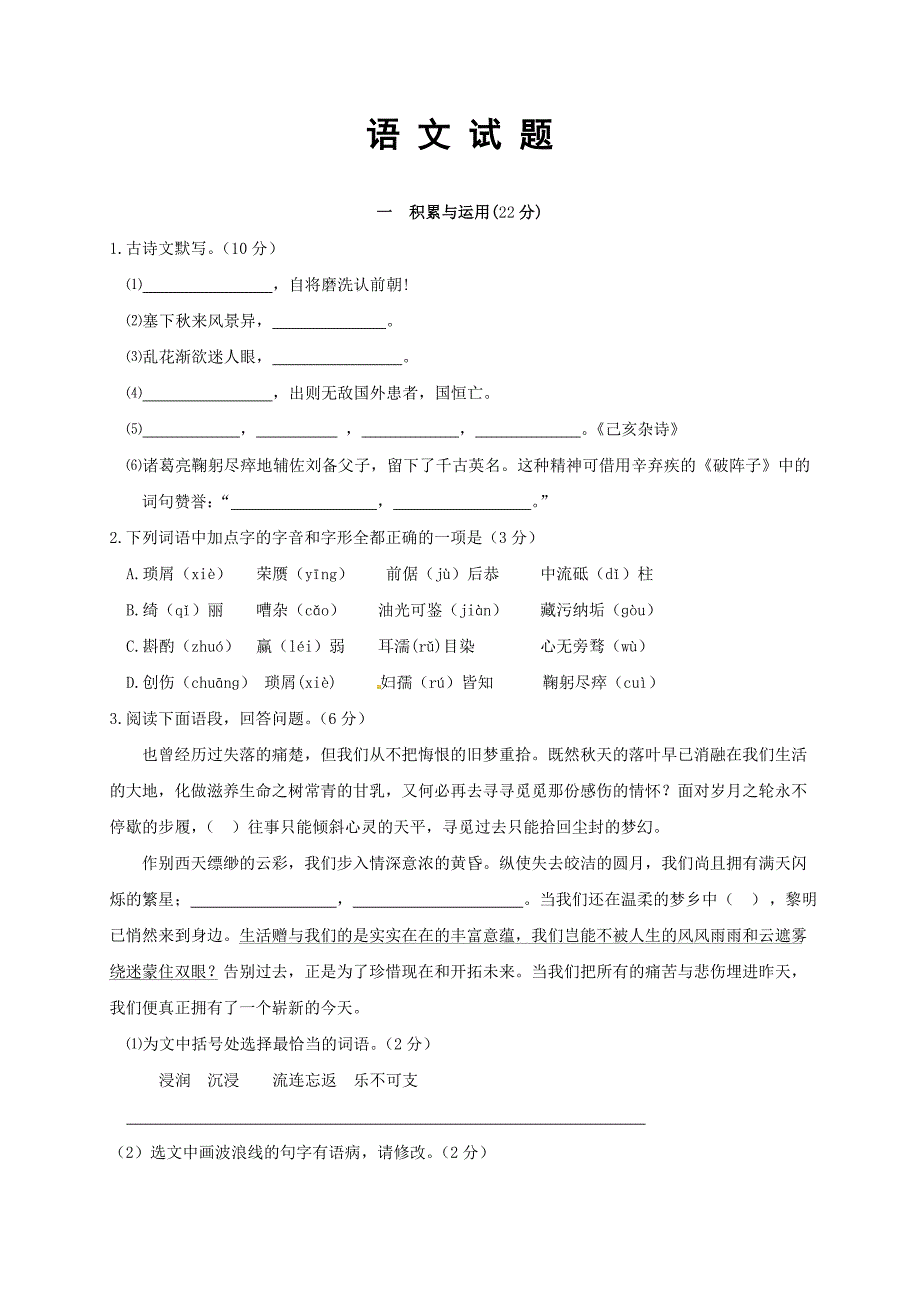 [中学联盟]江苏省徐州市城北中学2017届九年级中考模拟语文试题A卷 (2).docx_第1页