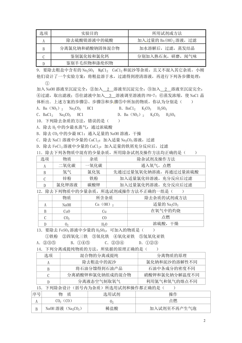 山东省济宁市任城区中考化学专题复习物质的除杂（无答案）_第2页