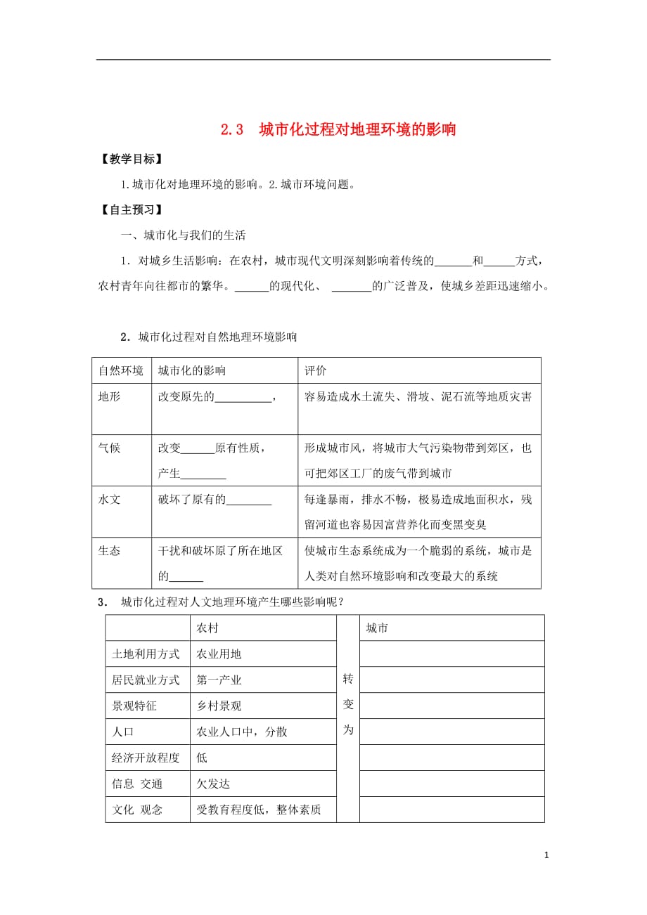 河北省邯郸市高中地理第二章城市与环境2.3城市化过程对地理环境的影响学案（无答案）湘教版必修2_第1页