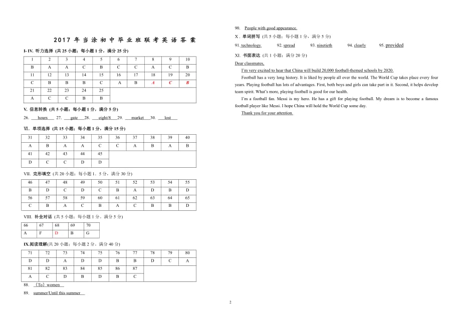 2017年当涂县初中学校毕业班联考英语试题定稿参考答案及听力材料.pdf_第2页