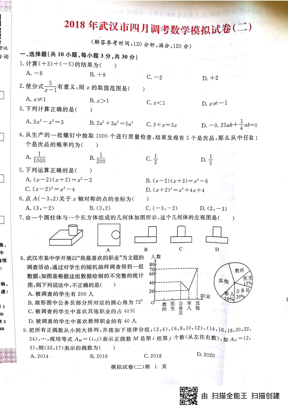 勤学早2018年武汉市四调数学模拟试卷(二）.pdf.pdf_第1页