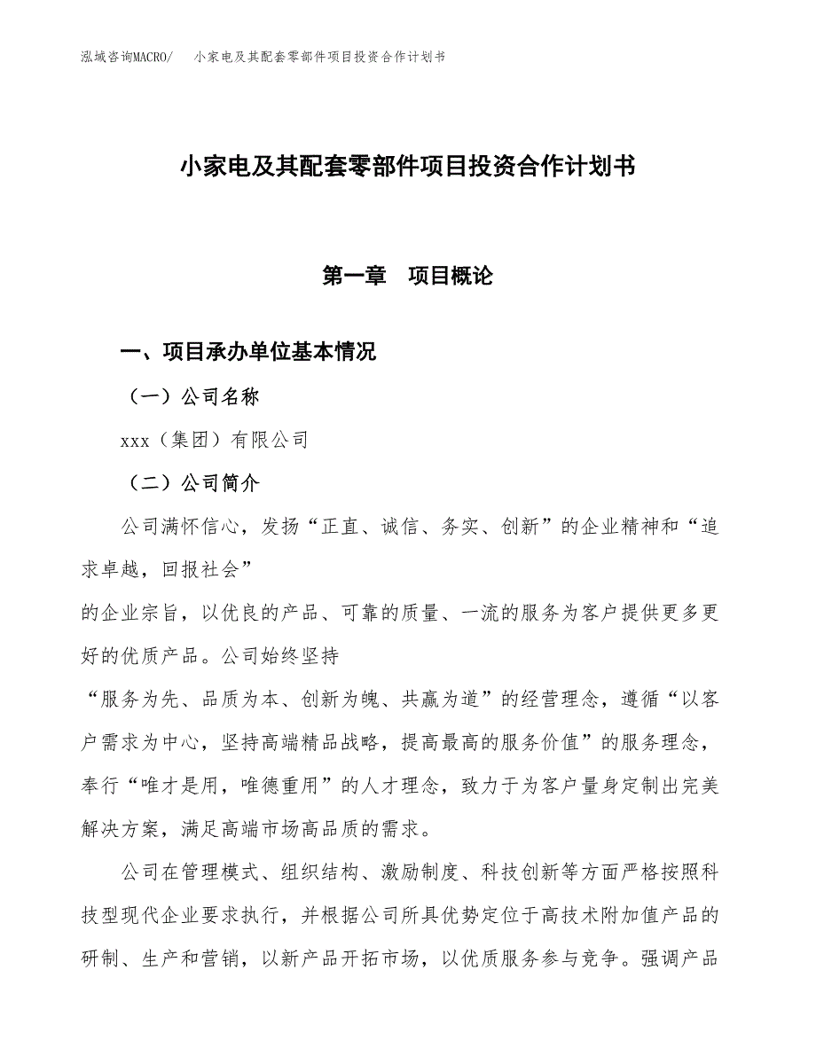 小家电及其配套零部件项目投资合作计划书模板.docx_第1页