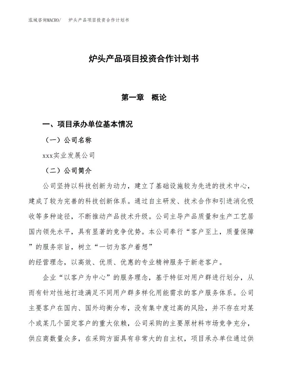 炉头产品项目投资合作计划书模板.docx_第1页