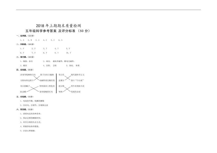 五年级上册科学试题20172018学年期末试题人教版（含答案）_第2页