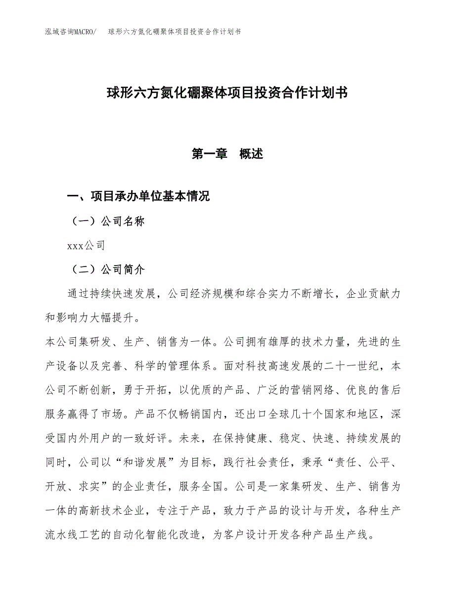 球形六方氮化硼聚体项目投资合作计划书模板.docx_第1页