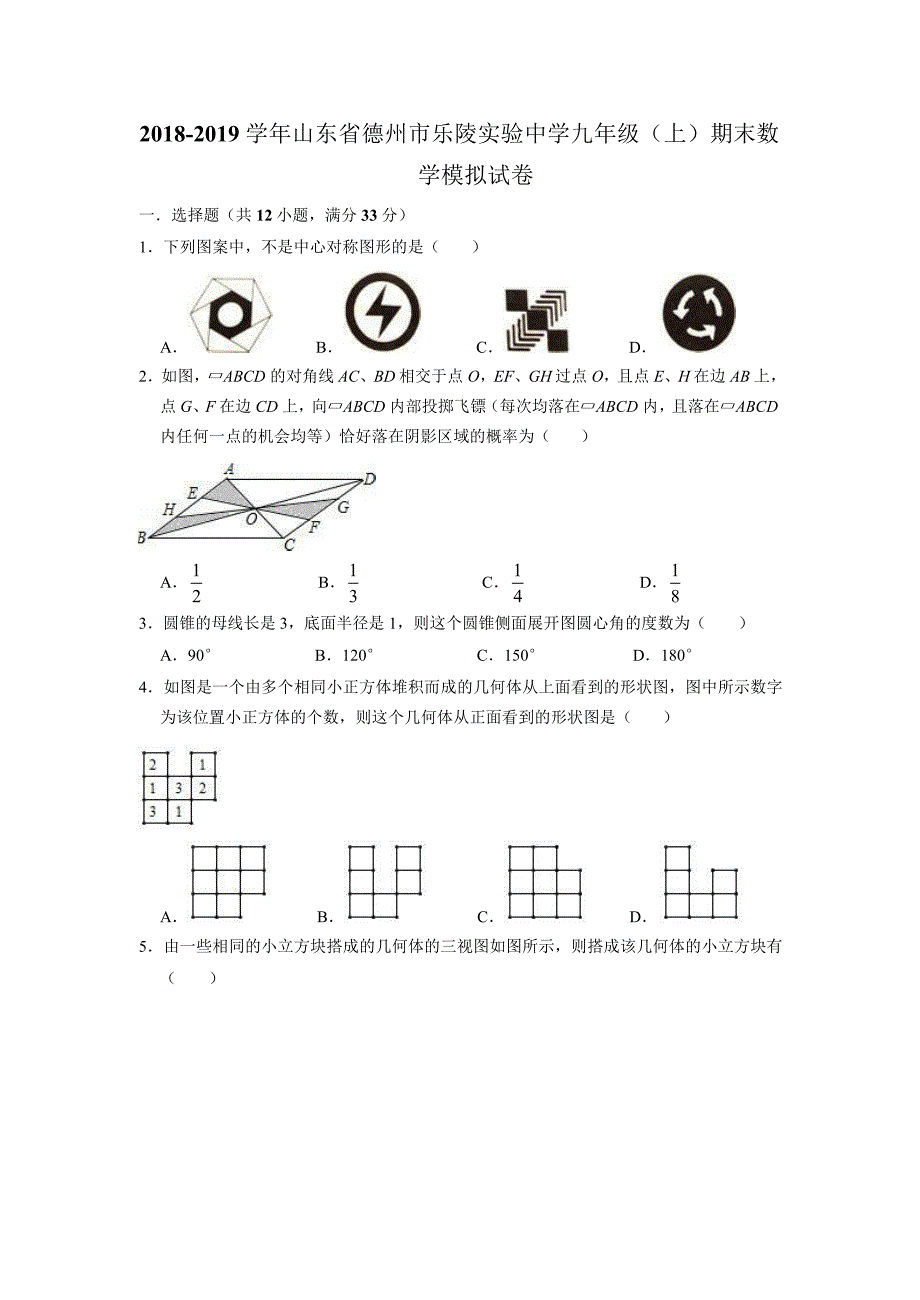 2018-2019学年山东省德州市乐陵实验中学九年级（上）期末数学模拟试卷.docx_第1页