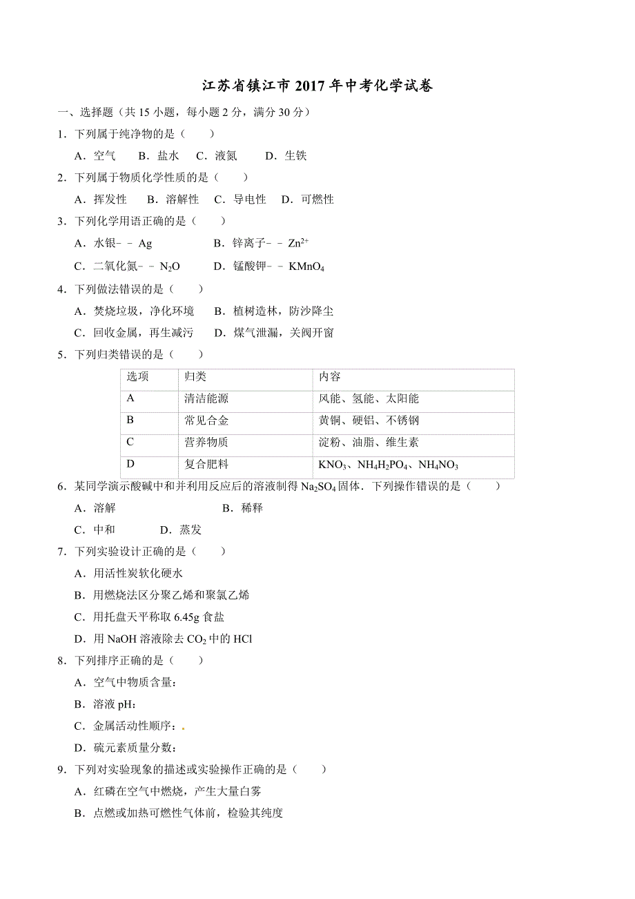 2017年中考真题精品解析 化学（江苏镇江卷）精编word版（原卷版）.doc_第1页