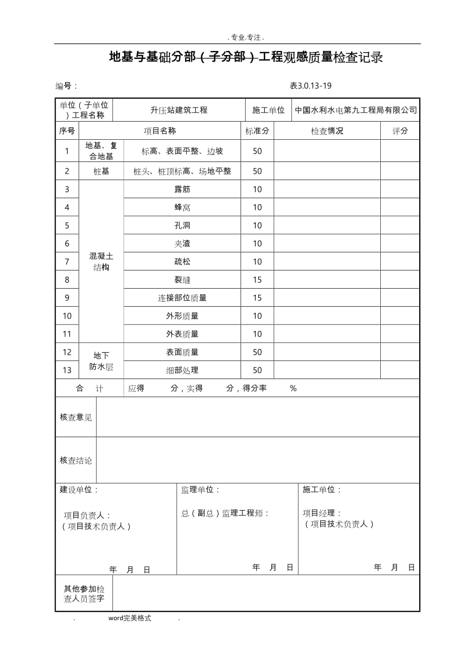 表3.0.13_19地基与基础分部(子分部)工程观感质量检查记录文本_第1页