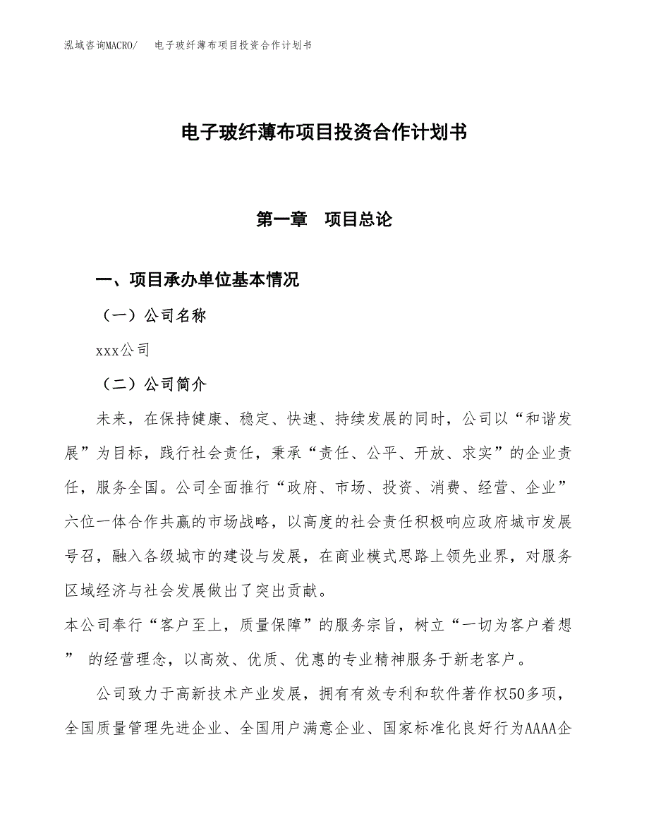 电子玻纤薄布项目投资合作计划书模板.docx_第1页