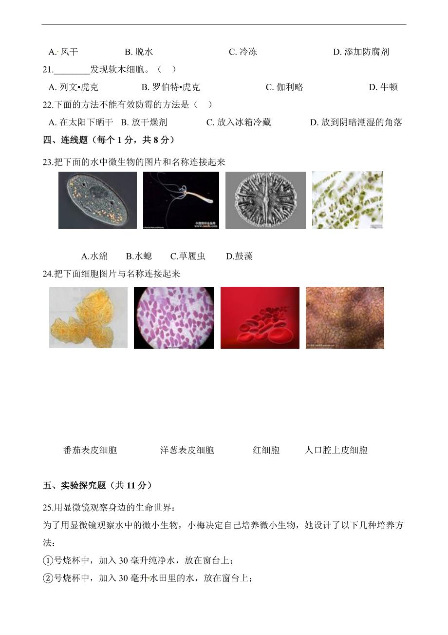 五年级下册科学单元测试第一单元 微观生命世界 粤教版（含答案）_第2页