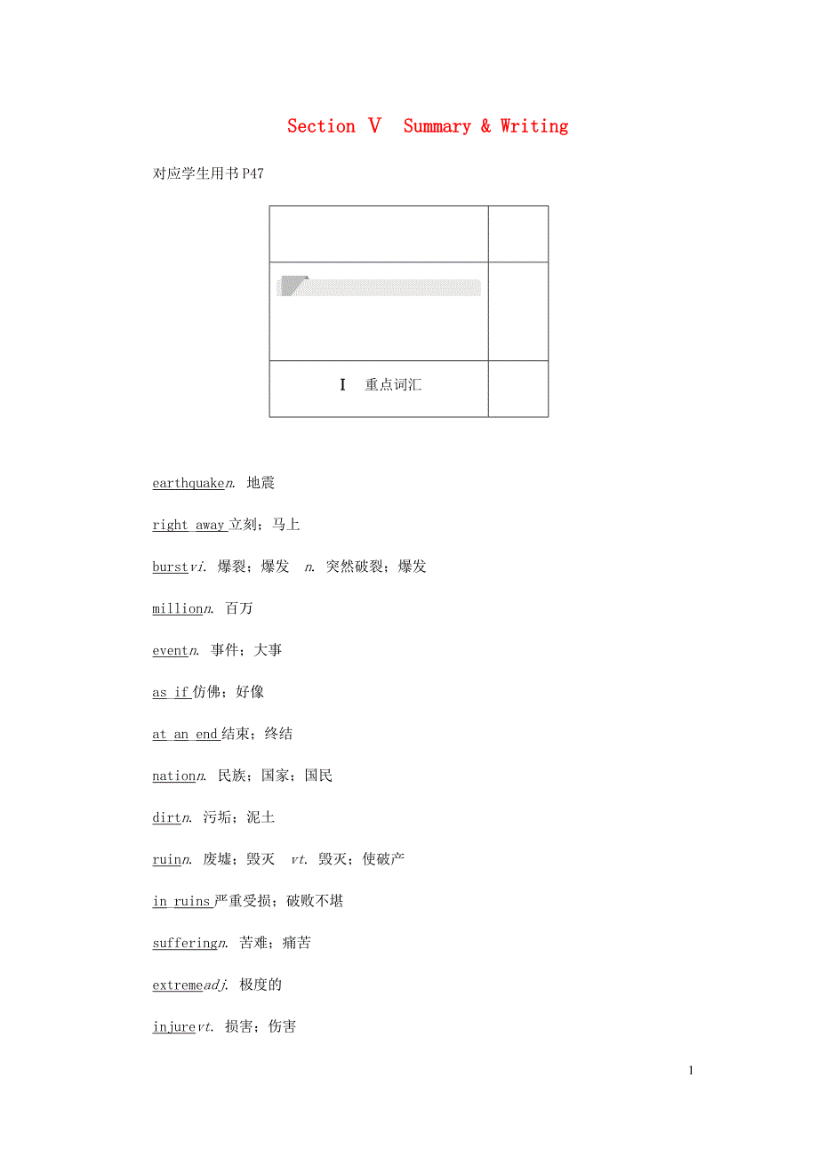 高中英语刷题首秧基础练能力练Unit4EarthquakesSectionⅤSummary&ampamp;Writing含解析新人教必修1.docx_第1页