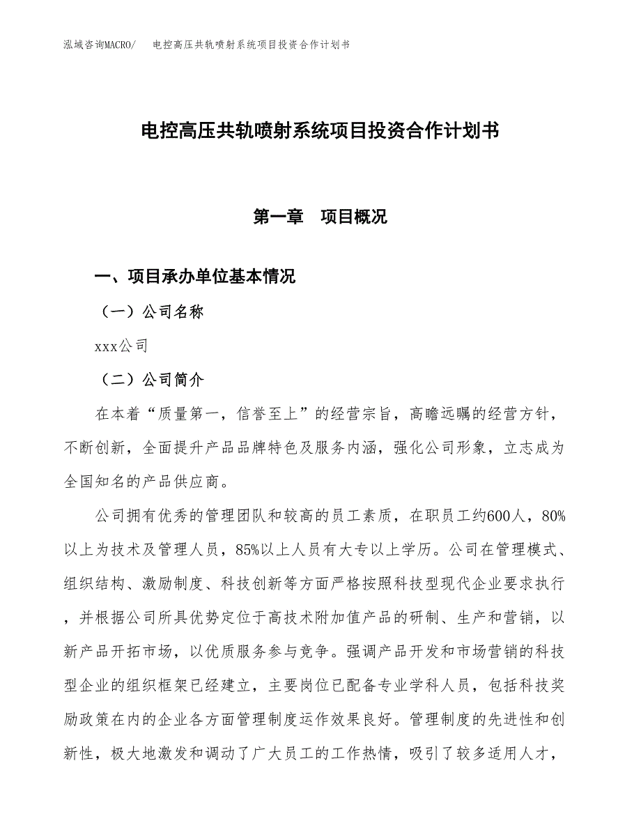 电控高压共轨喷射系统项目投资合作计划书模板.docx_第1页