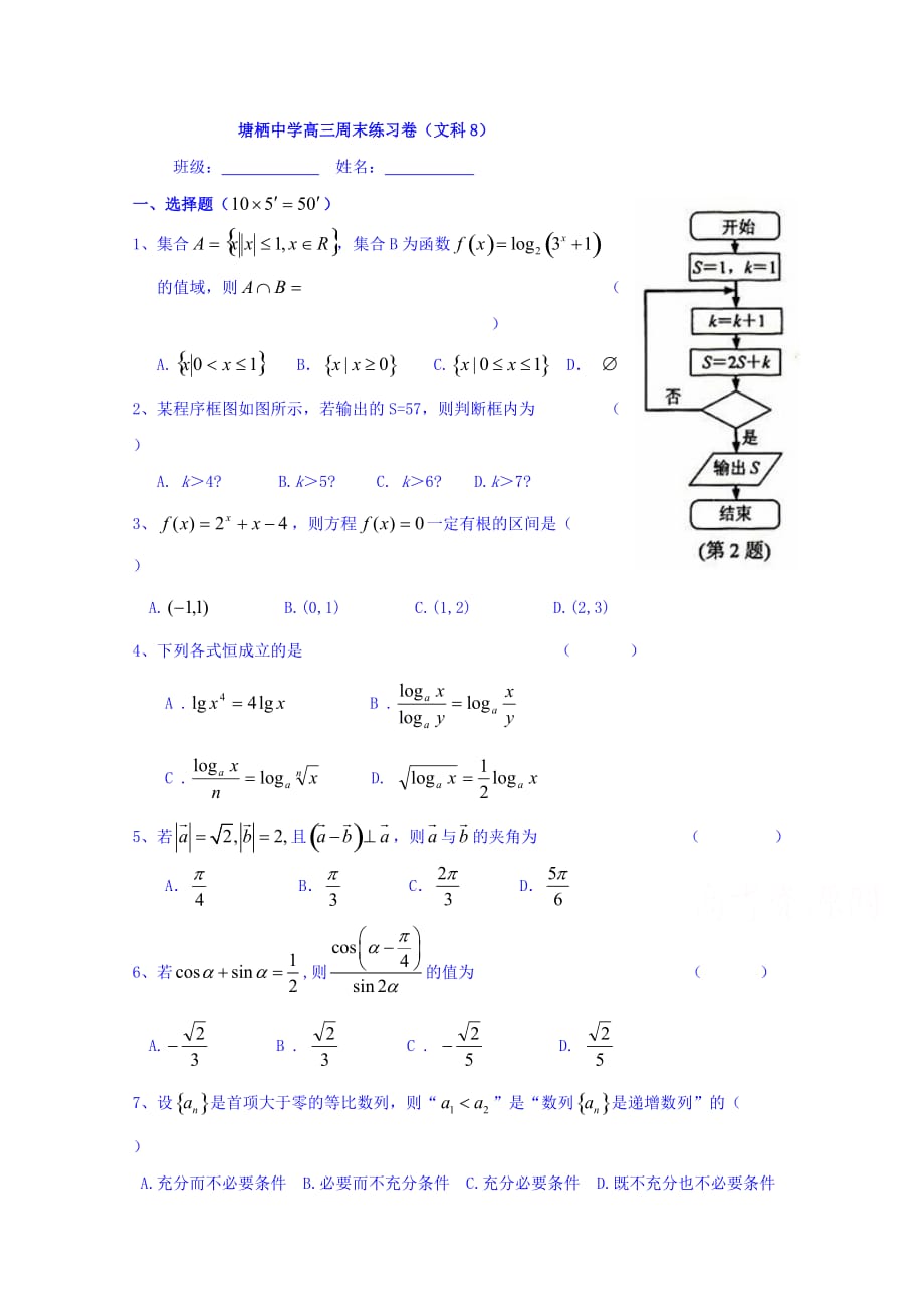 浙江省杭州市塘栖中学高三数学（文）周末练习卷（8） Word版缺答案.doc_第1页