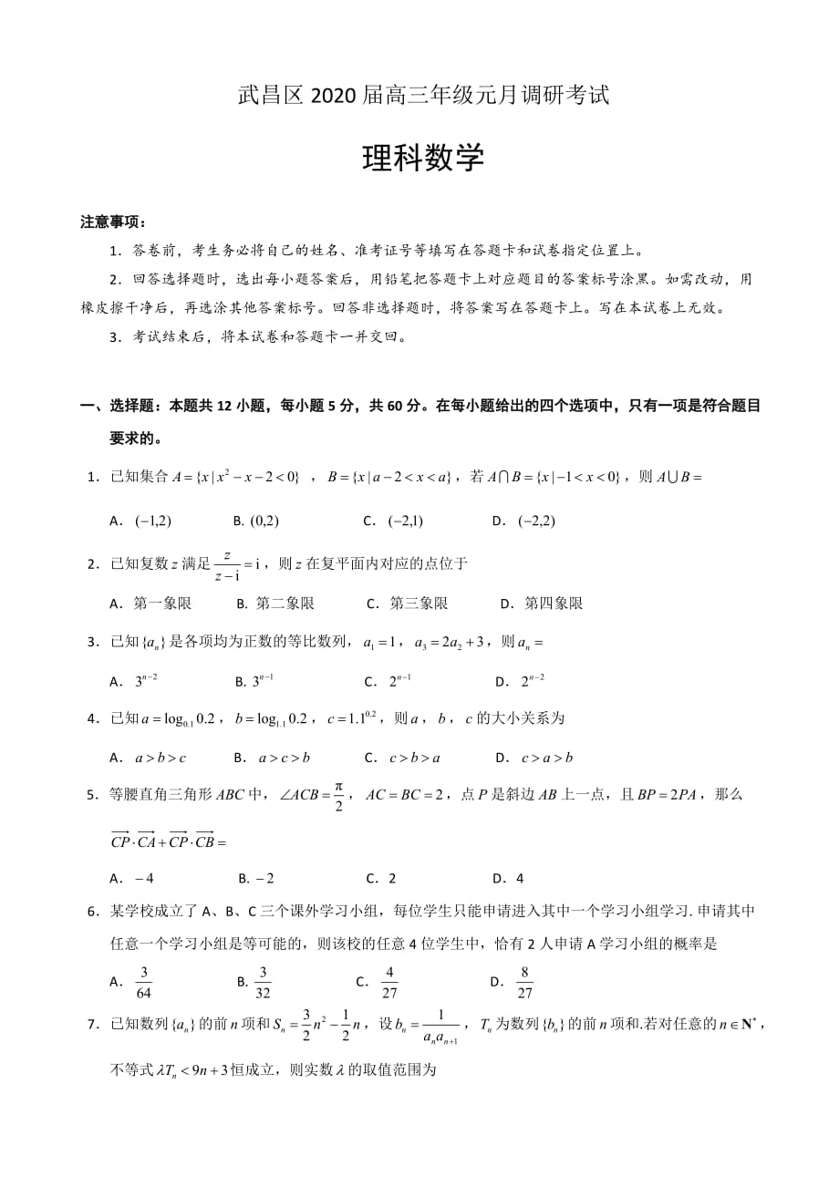 2020届湖北省武汉市武昌区高三元月调研考试数学（理）试题含答案_第1页