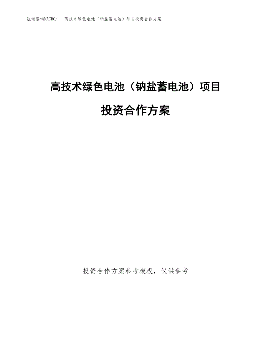 高技术绿色电池（钠盐蓄电池）项目投资合作方案(模板及范文).docx_第1页