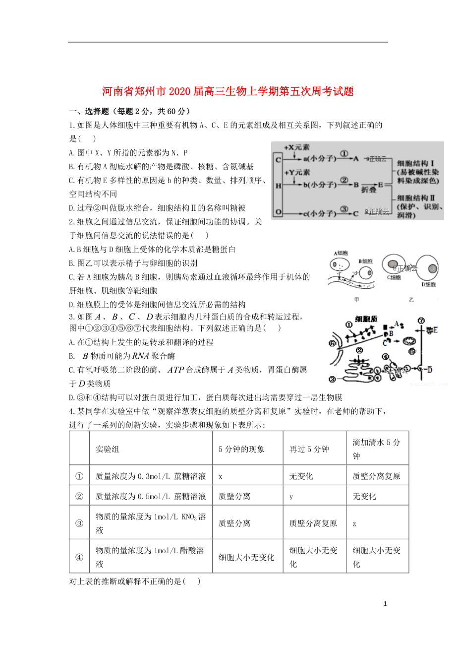 河南省郑州市2020届高三生物上学期第五次周考试题202001070159_第1页