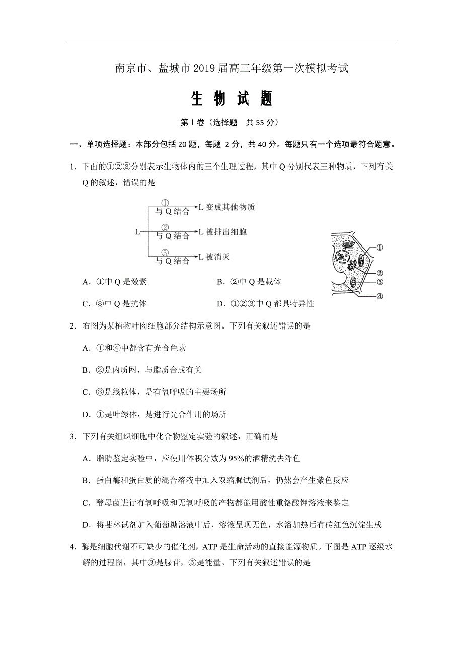 2019届江苏省南京市、盐城市高三第一次模拟考试（1月）生物Word版_第1页