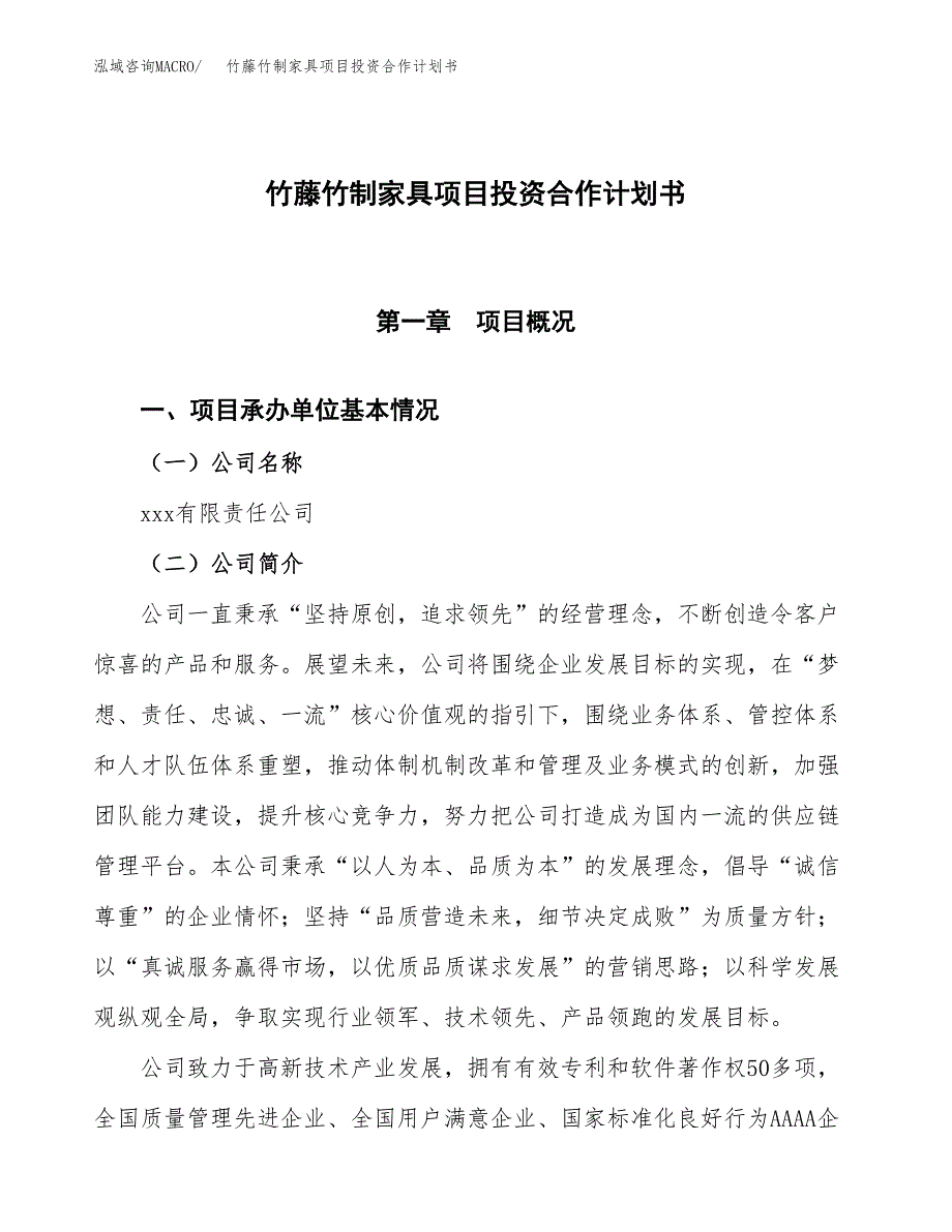 竹藤竹制家具项目投资合作计划书模板.docx_第1页