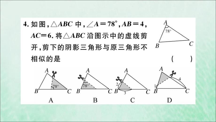 （安徽专用）九年级数学下册第27章相似27.2相似三角形27.2.1相似三角形的判定第4课时两角分别相等的两个三角形相似习题讲评课件（新版）新人教版.ppt_第5页