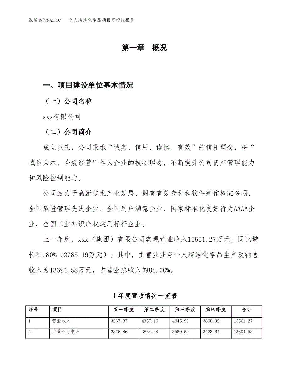 (立项备案申请样例)个人清洁化学品项目可行性报告.docx_第1页