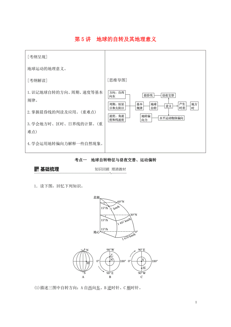 高考地理新导学大一轮复习第一册第二单元从宇宙看地球第5讲地球的自转及其地理意义讲义含解析鲁教.docx_第1页