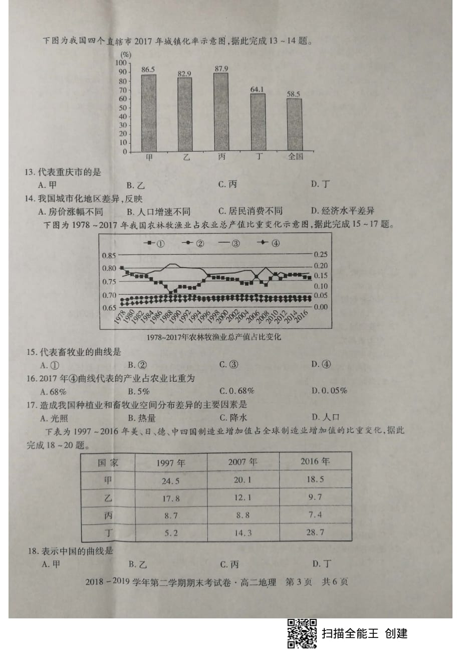 安徽省2018-2019学年池州市高二下学期期末考试地理试题_第3页