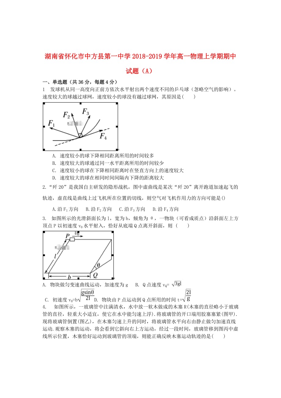 湖南省怀化市中方县第一中学2018_2019学年高一物理上学期期中试题（A）_第1页