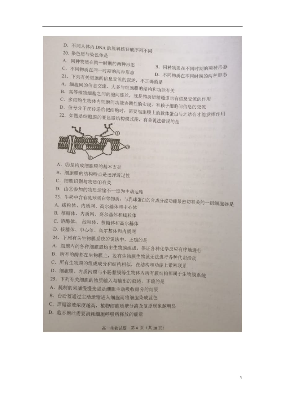 四川省广安市2019_2020学年高一生物上学期期末考试试题（扫描版）_第4页
