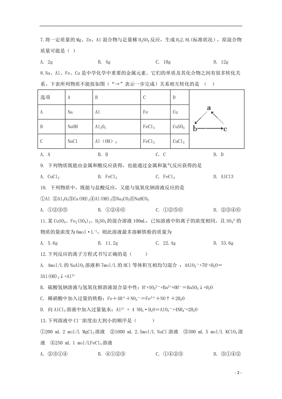 山西省运城市景胜中学2019_2020学年高一化学12月月考试题_第2页