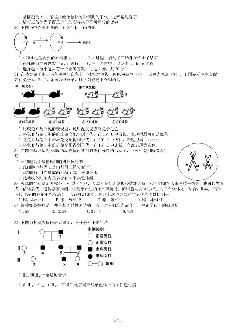 北京市2018-2019学年高二上学期期末考试生物试题_第5页