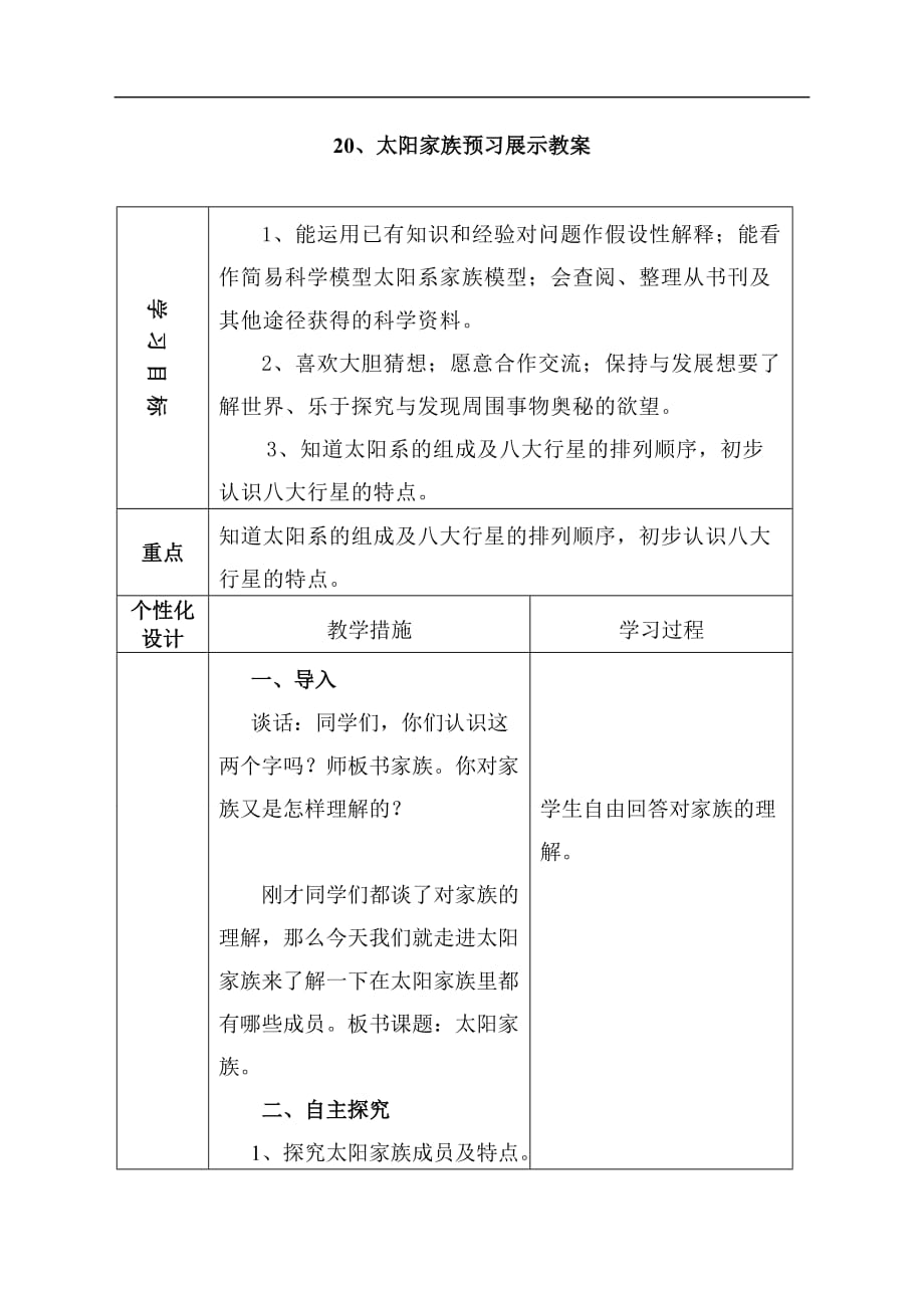 六年级下科学预习展示教案太阳家族青岛版_第1页