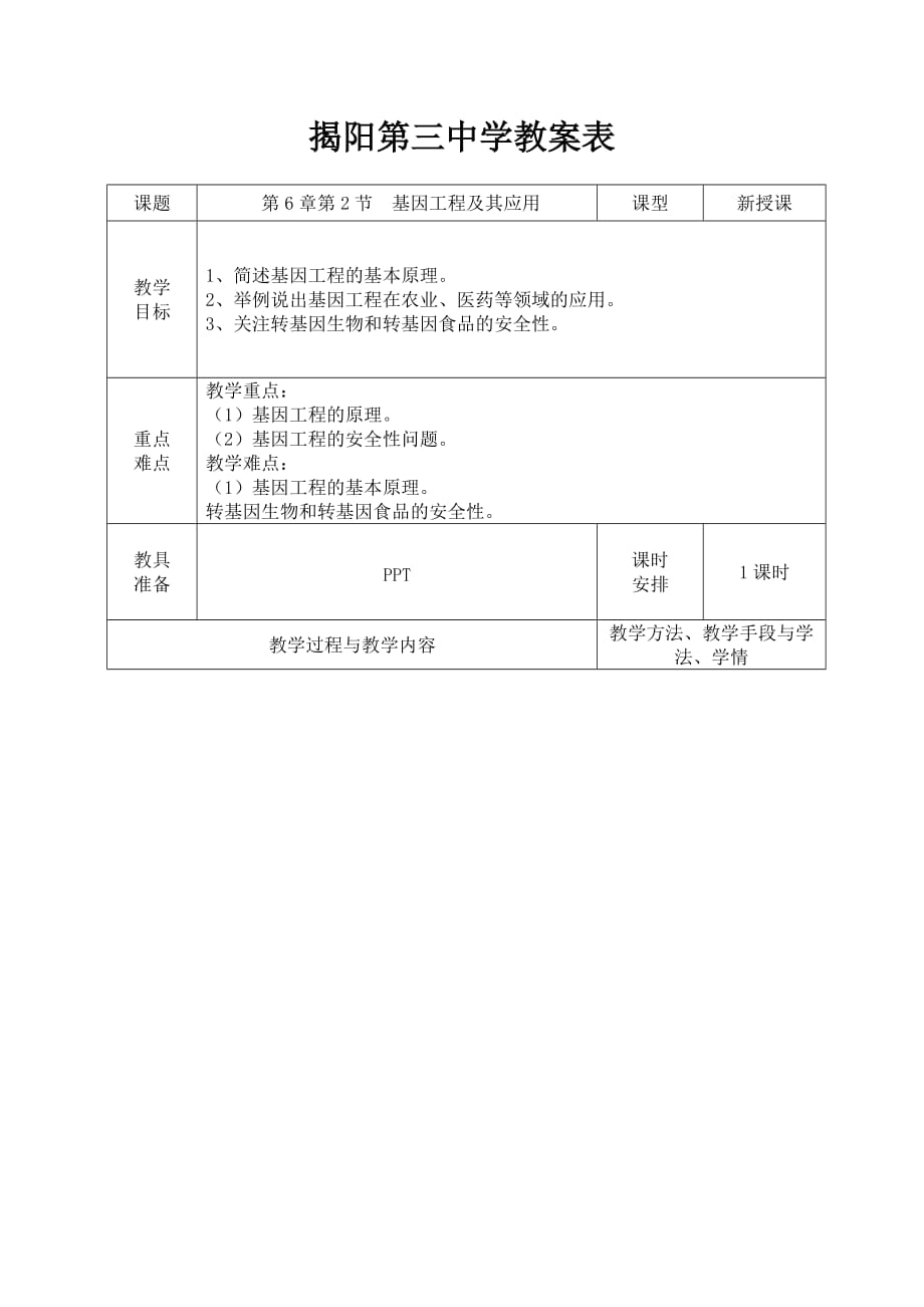 广东省揭阳市第三中学人教高一生物必修二教案：6.2基因工程及其应用 .doc_第1页