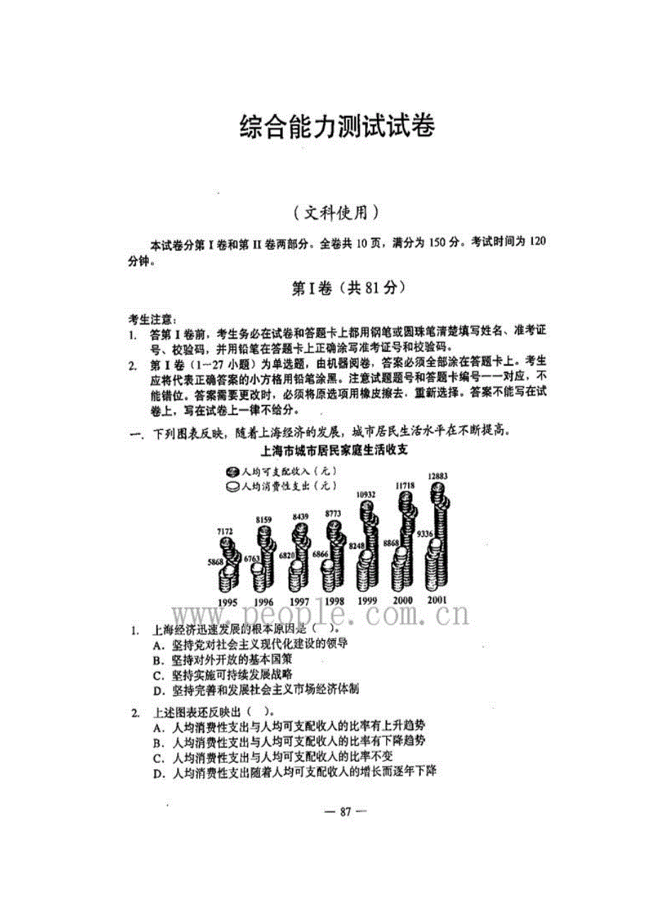 普通高校招生统一考试综合文科（上海卷）.doc_第1页