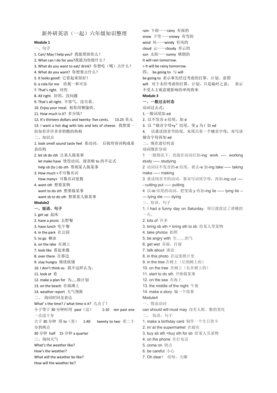 外研英语(一起)六下知识点整理_第1页