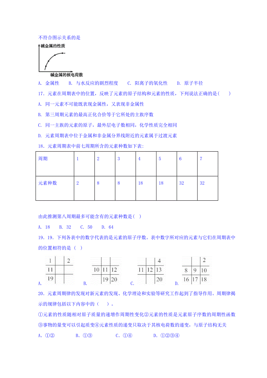 广东省惠州市惠东中学高中化学鲁科必修二同步训练：第一章 第二节元素周期律和元素周期表 Word缺答案.doc_第4页