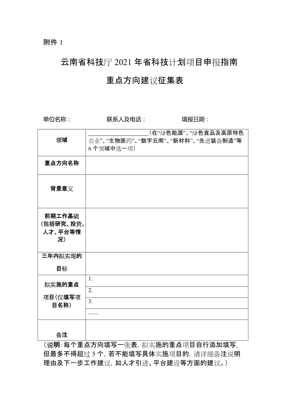 云南省科技厅2021年省科技计划项目申报指南重点方向建议征集表_第1页